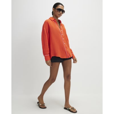 Orange Long Sleeve Tie Back Beach Shirt