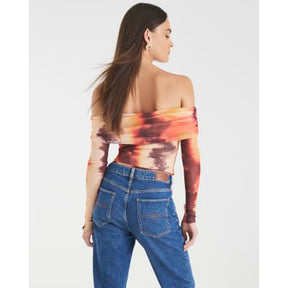 Orange Mesh Long Sleeve Bardot Bodysuit