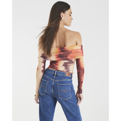 Orange Mesh Long Sleeve Bardot Bodysuit