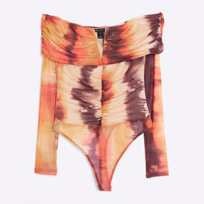 Orange Mesh Long Sleeve Bardot Bodysuit