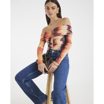 Orange Mesh Long Sleeve Bardot Bodysuit