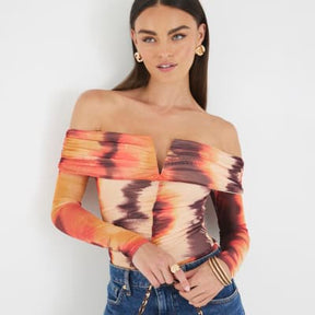 Orange Mesh Long Sleeve Bardot Bodysuit