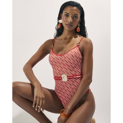 Orange Monogram Print Swimsuit