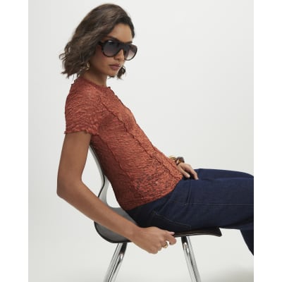 Orange Short Sleeve Lace Top