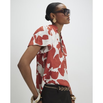 Orange Short Sleeve Printed Blouse
