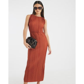 Orange Sleeveless Plisse Belted Midi Dress