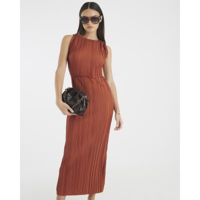 Orange Sleeveless Plisse Belted Midi Dress