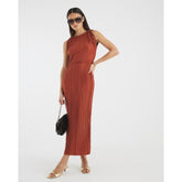 Orange Sleeveless Plisse Belted Midi Dress