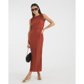 Orange Sleeveless Plisse Belted Midi Dress