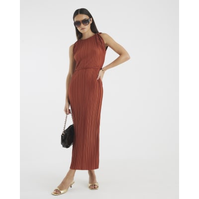 Orange Sleeveless Plisse Belted Midi Dress