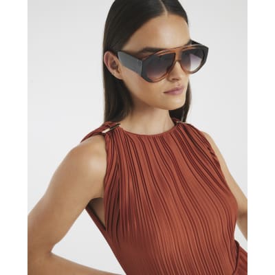 Orange Sleeveless Plisse Belted Midi Dress