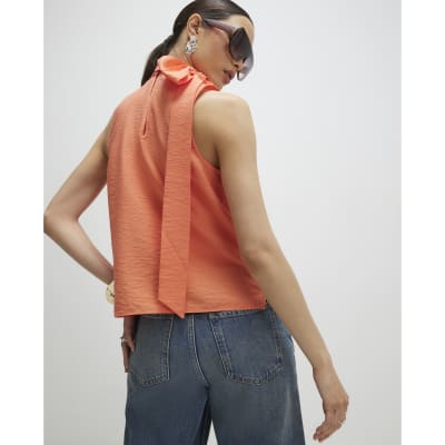 Orange Sleeveless Pussybow Blouse