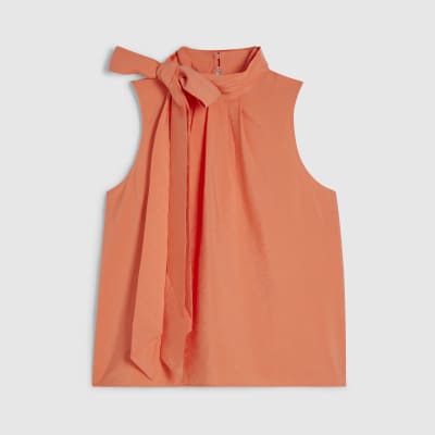 Orange Sleeveless Pussybow Blouse