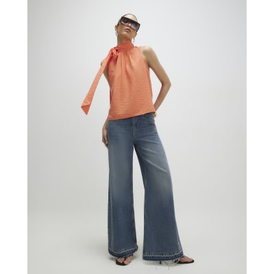 Orange Sleeveless Pussybow Blouse
