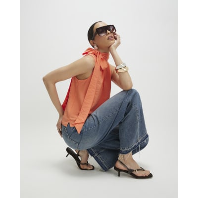 Orange Sleeveless Pussybow Blouse
