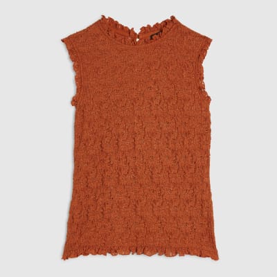 Orange Sleeveless Ruffle Textured Top