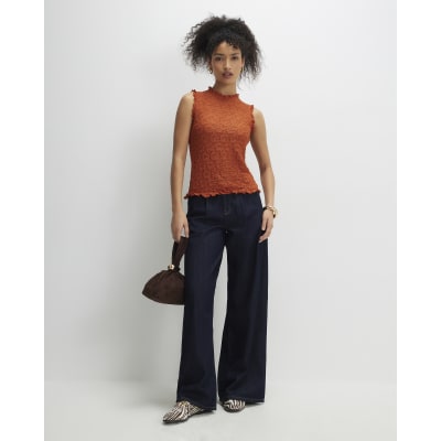 Orange Sleeveless Ruffle Textured Top