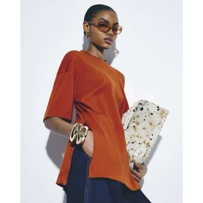 Orange Split Hem Boyfriend Fit T-Shirt