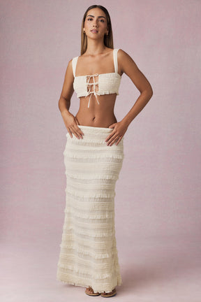 Ruffled Mid-Rise Maxi Skirt in Ivory