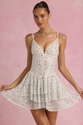 Embellished Ruffled Tiered Mini Dress in White