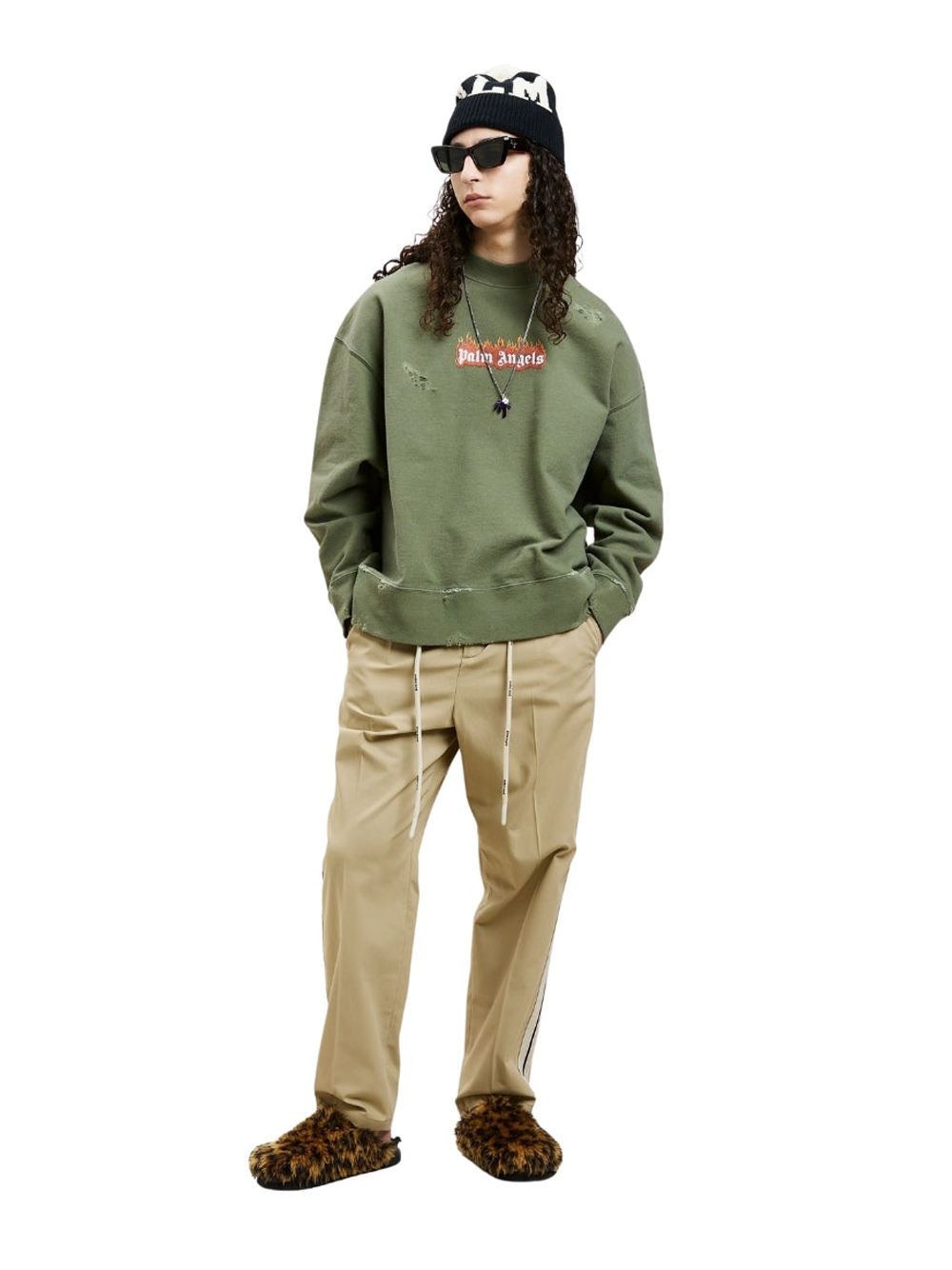 Palm Angels Burning Logo Green Sweatshirt