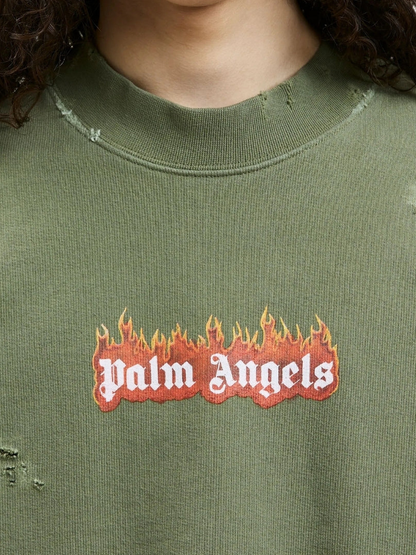 Palm Angels Burning Logo Green Sweatshirt