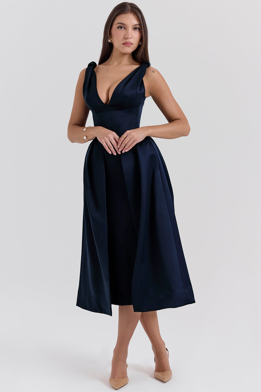 Midnight twist strap satin midi dress
