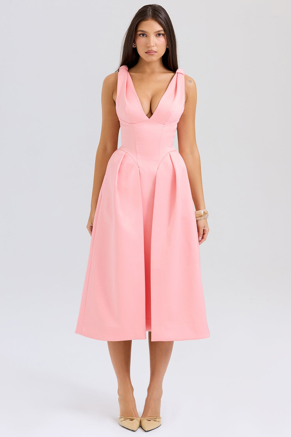 Peach satin pleated midi dress
