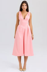 Peach satin pleated midi dress