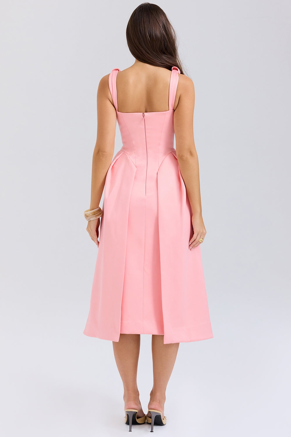 Peach satin pleated midi dress