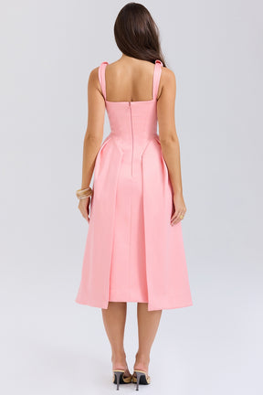 Peach satin pleated midi dress
