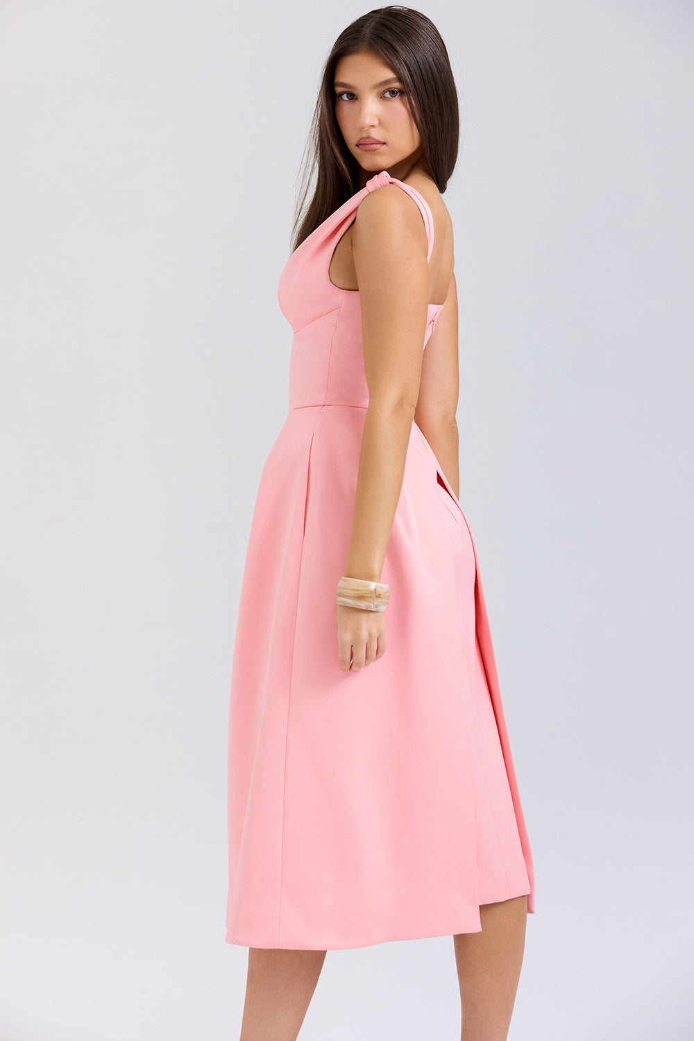 Peach satin pleated midi dress