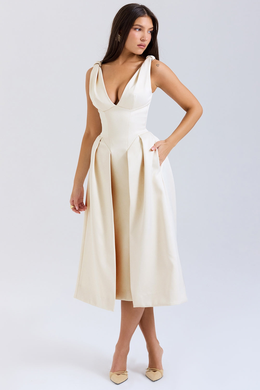 Vintage cream satin pleated midi dress