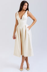 Vintage cream satin pleated midi dress