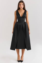 Black satin twist strap midi dress