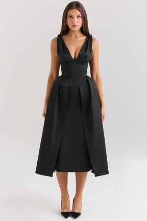 Black satin twist strap midi dress
