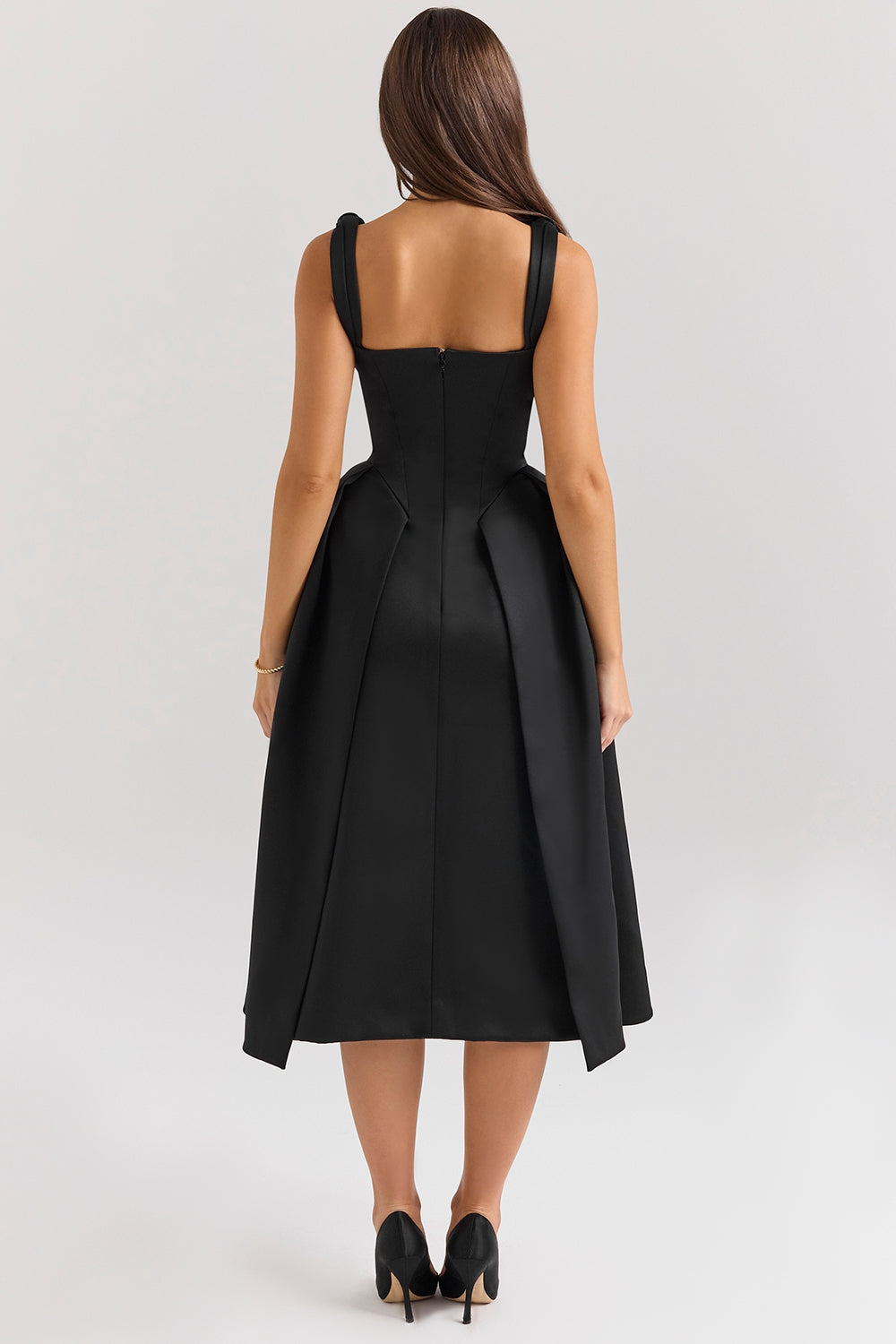 Black satin twist strap midi dress
