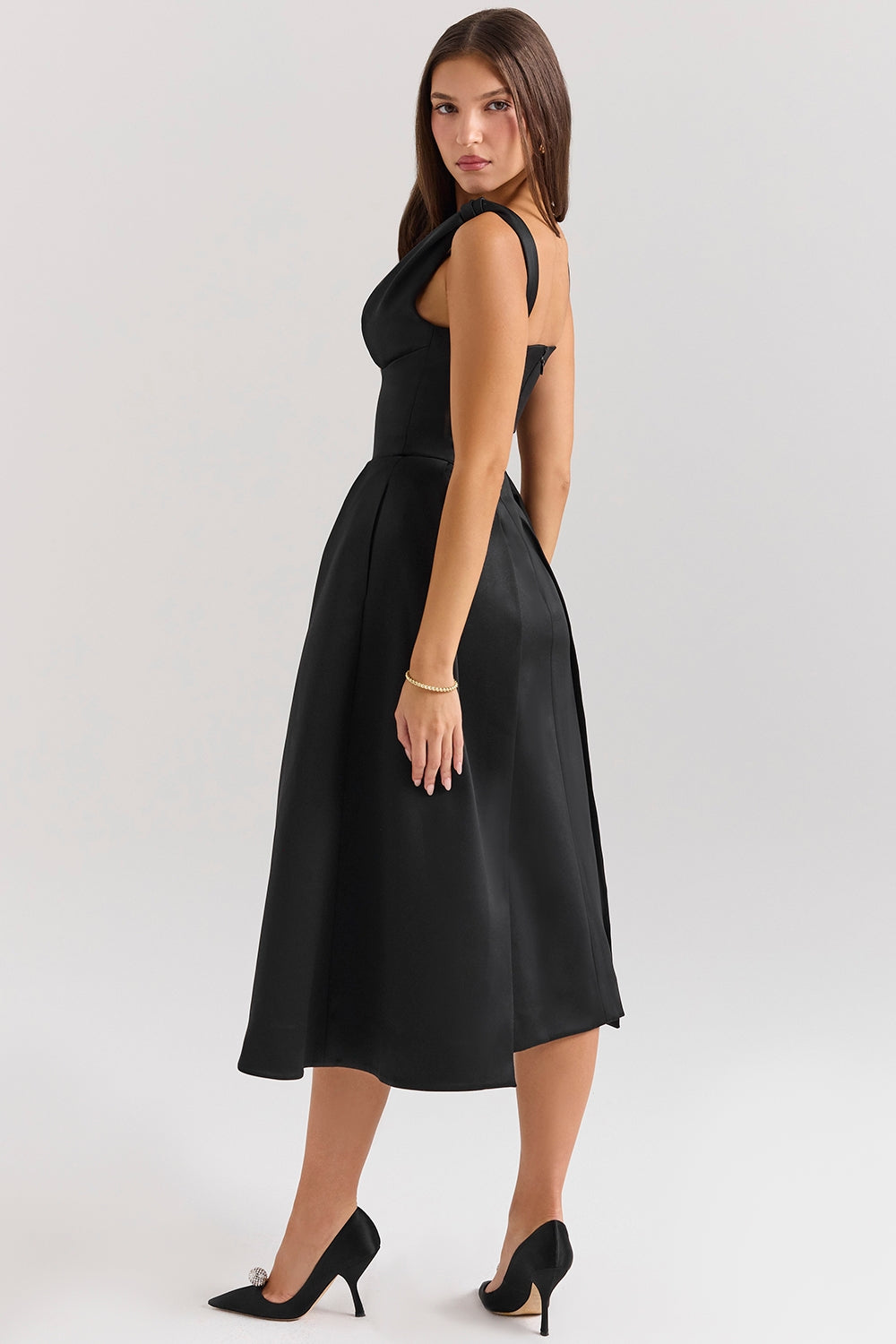 Black satin twist strap midi dress