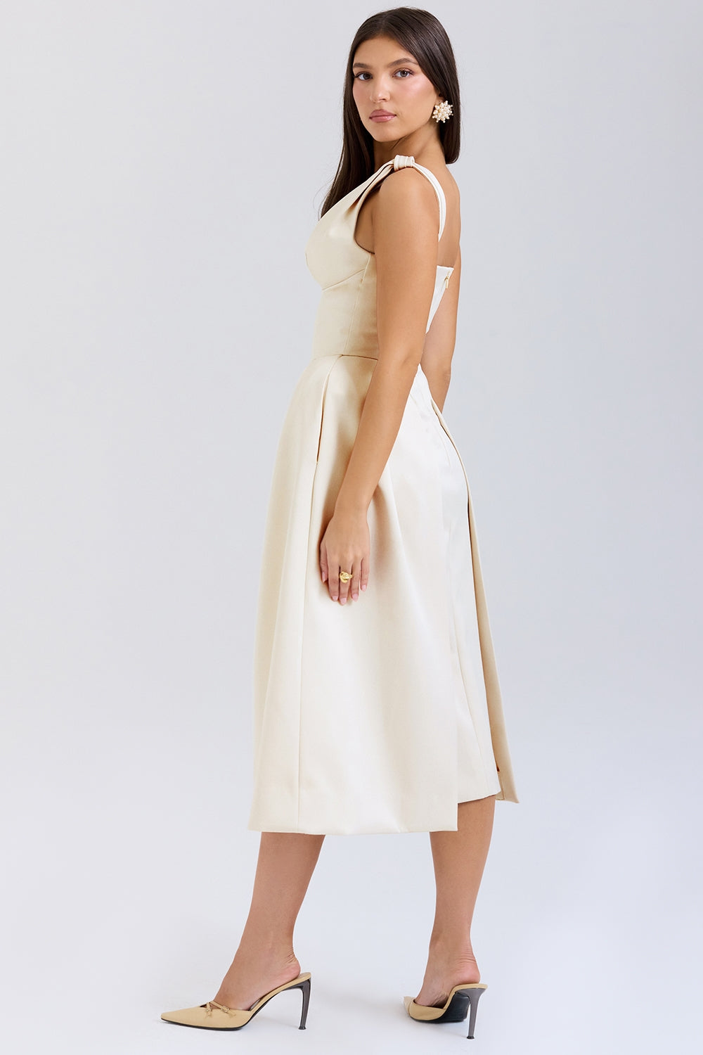 Vintage cream satin pleated midi dress