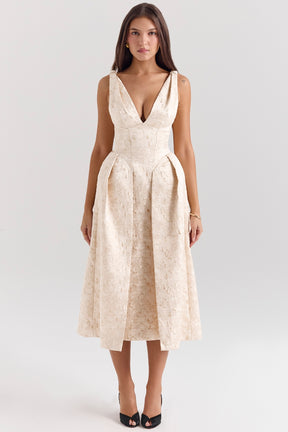Ivory metallic jacquard midi dress