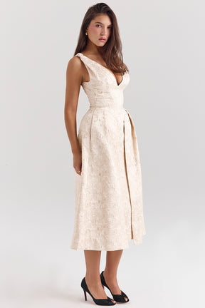 Ivory metallic jacquard midi dress