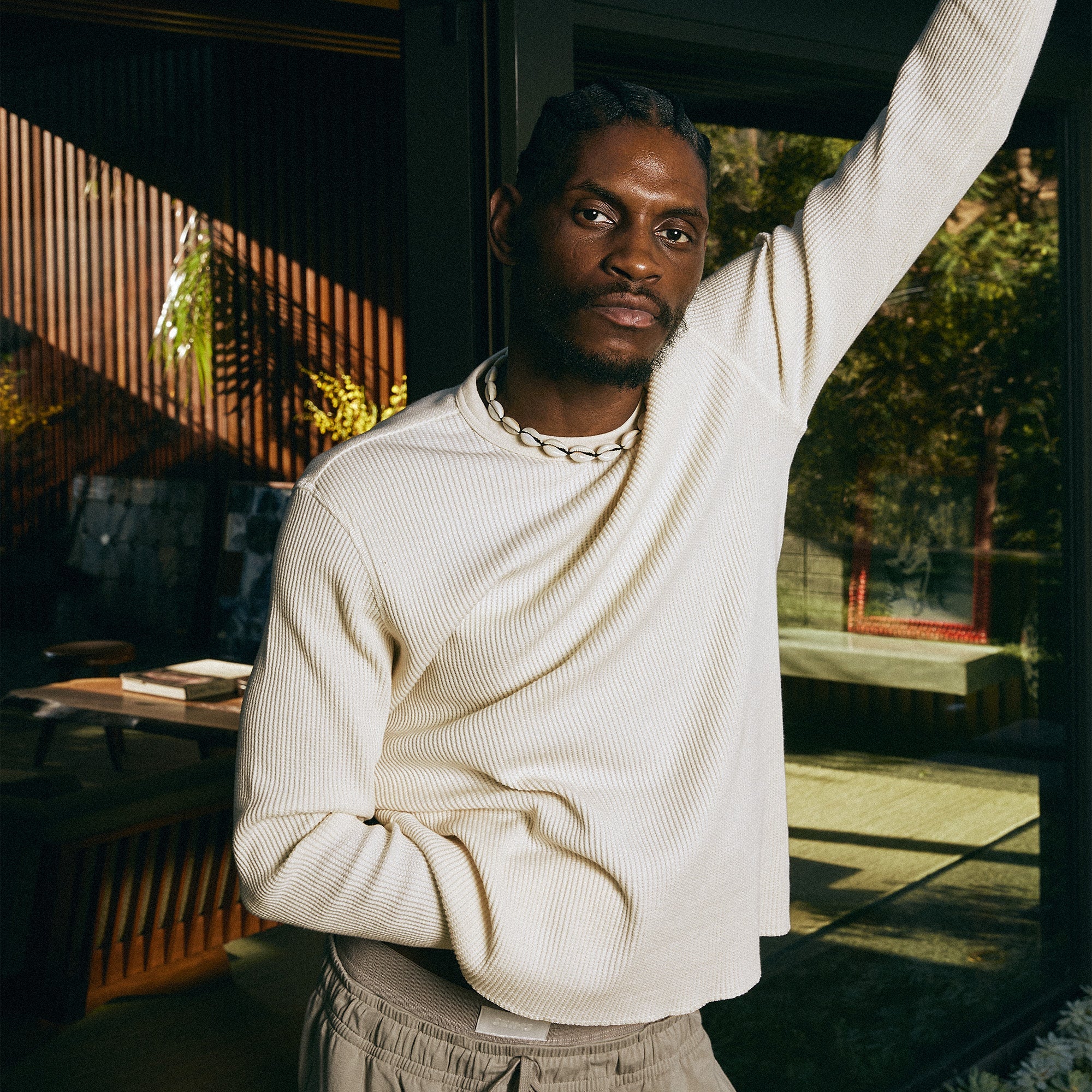 WAFFLE MENS CLASSIC LONG SLEEVE T-SHIRT | ECRU