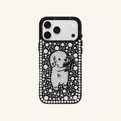 Pearl Artificial Crystal Puppy Phone Case - Black