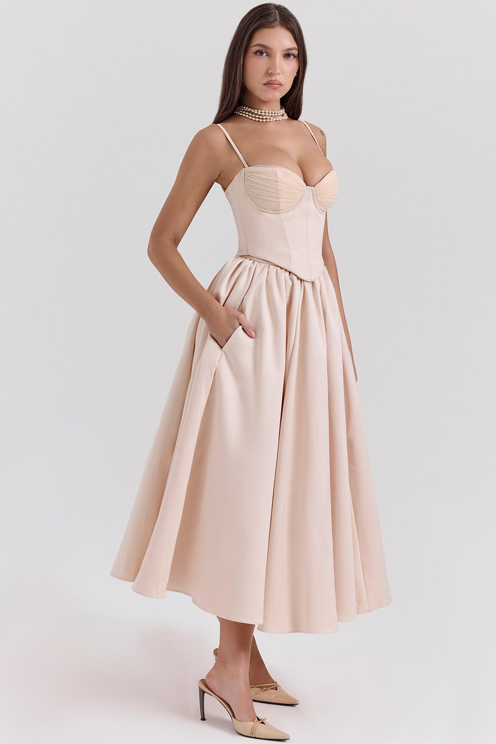 Peach satin corset and skirt