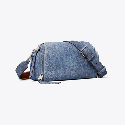 Perry Denim-Print Suede Voyager Crossbody Bag