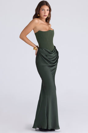 Persephone emerald green crepe strapless corset maxi dress