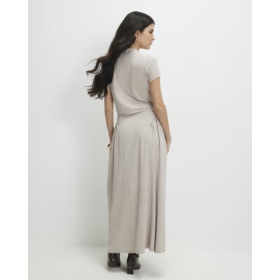 Petite Beige Fitted Waist Maxi Dress