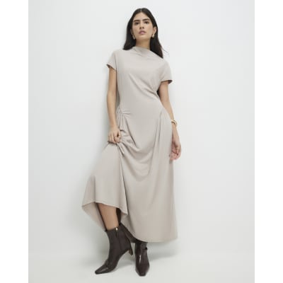 Petite Beige Fitted Waist Maxi Dress