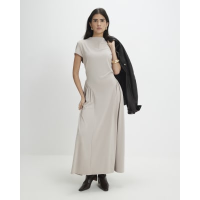 Petite Beige Fitted Waist Maxi Dress
