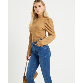 Petite Beige Long Sleeve Ruched Shoulder Top